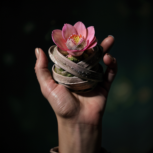 A lone, weathered hand meticulously guides a glowing, fragmented text towards a blossoming, surreal flower.